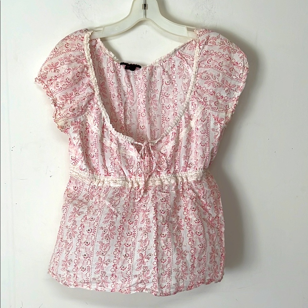 🌞 Takara Vintage Sheer Babydoll Top Pink Floral Print perforated holes women L